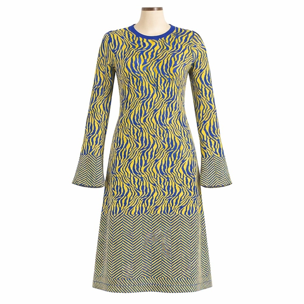 Esteban Cortazar Blue Yellow Knit Graphic Pattern‎ Midi Dress Bell Sleeve Small